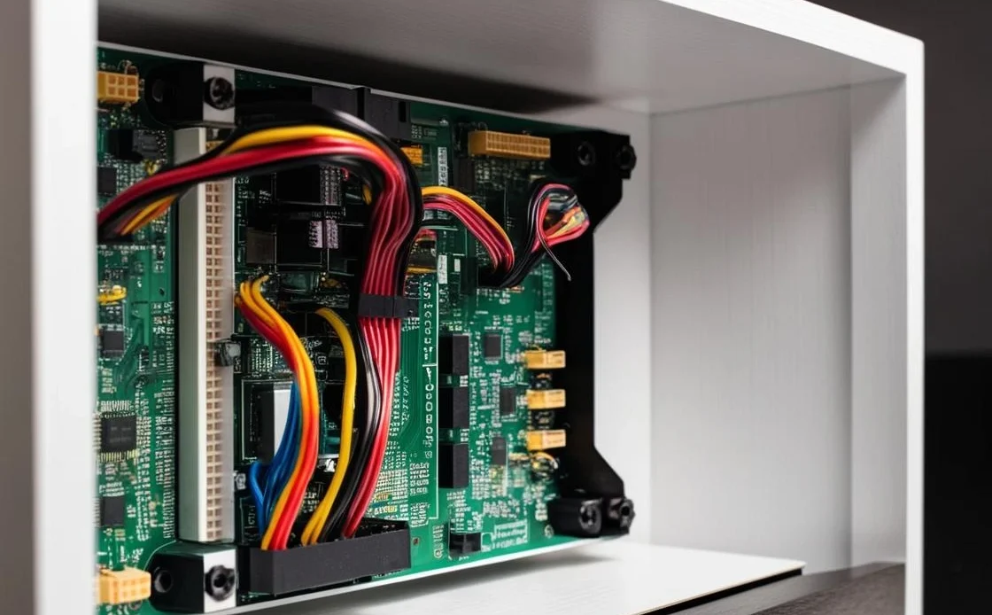 Close-up view of a custom-built electronic box with internal PCB, connectors, and organized wiring, showcasing Sanjay Technologies’ box build capabilities.