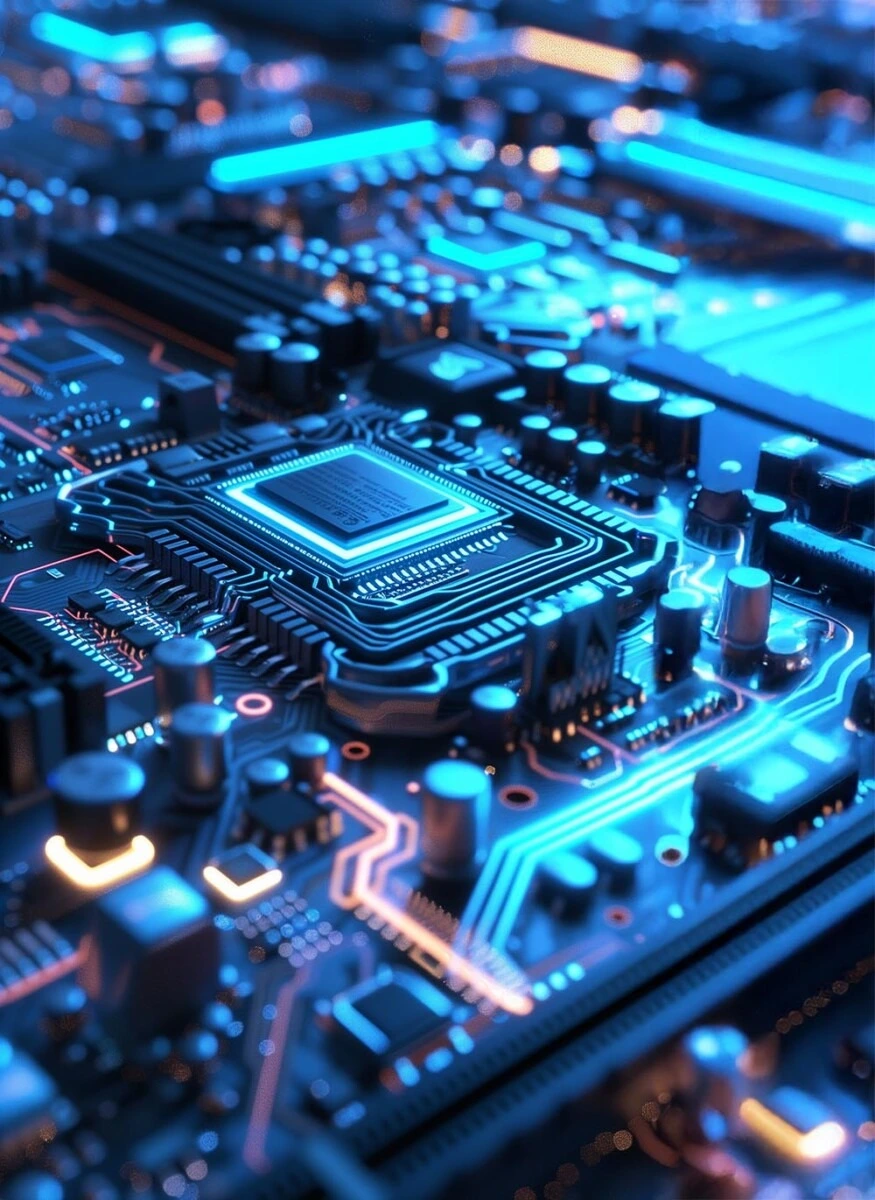 Close-up view of a high-precision PCB with microprocessor and components, highlighting Sanjay Technologies’ advanced PCB assembly capabilities.