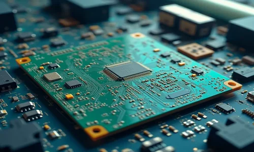 Close-up of a high-density printed circuit board (PCB) showcasing surface-mount components, representing PCB assembly services at Sanjay Technologies.